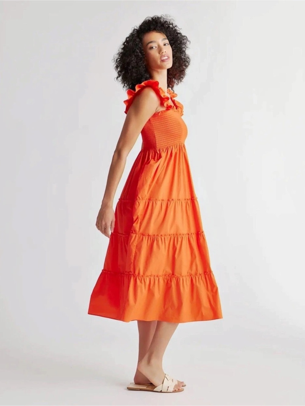 Quince Smocked Ruffle Midi Dress in Orange Size Large, Organic cotton.